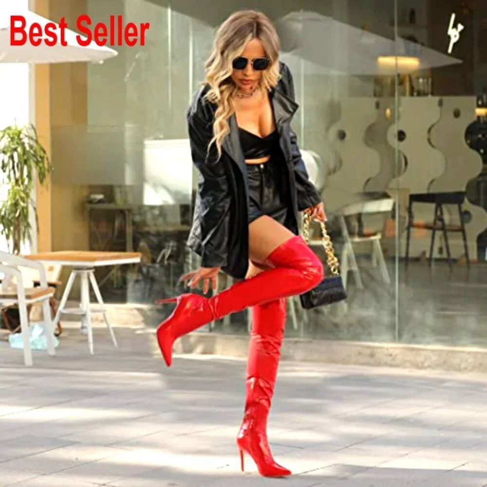 Patent Leather PU Thigh High Boots Pointy Toe Stiletto Heel Over The Knee